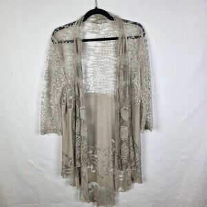 Ania‎ A Floral Lace Mesh Open Front Duster Cardigan Champagne Taupe 3/4 Sleeve